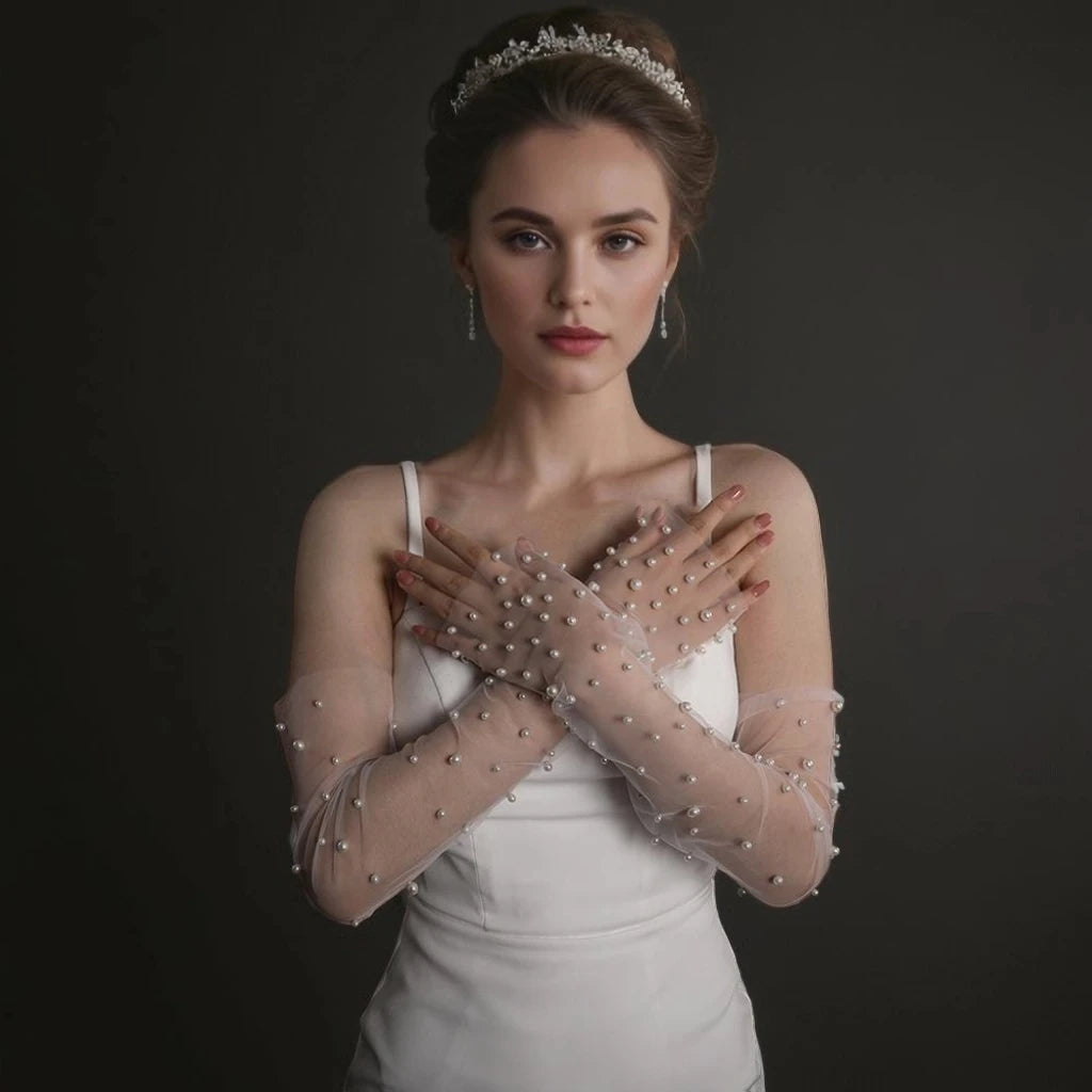 1 Pair Bridal Fingerless Pearl Gloves Wedding Sleeves Removable Shrugs for Women Summer Elegant  Bolero Shoulder Cape VPM10