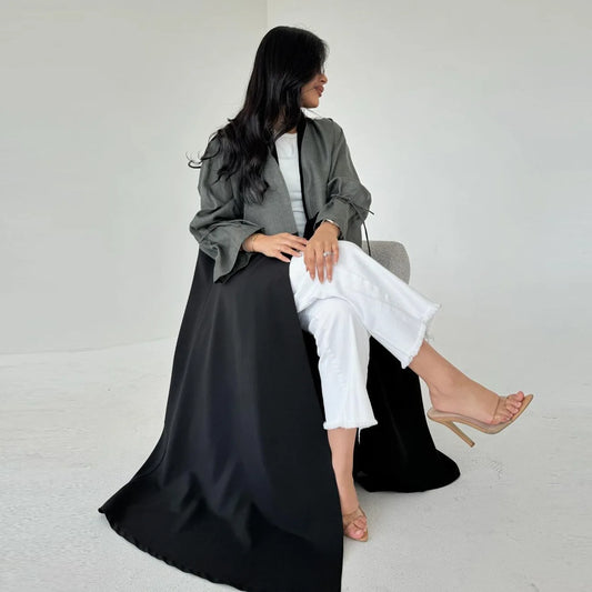 Fashionable Spliced Muslim Abaya with Corduroy Sleeve Opening High Density Ice Silk Dubai Turkey Robe for Middle East Muslims