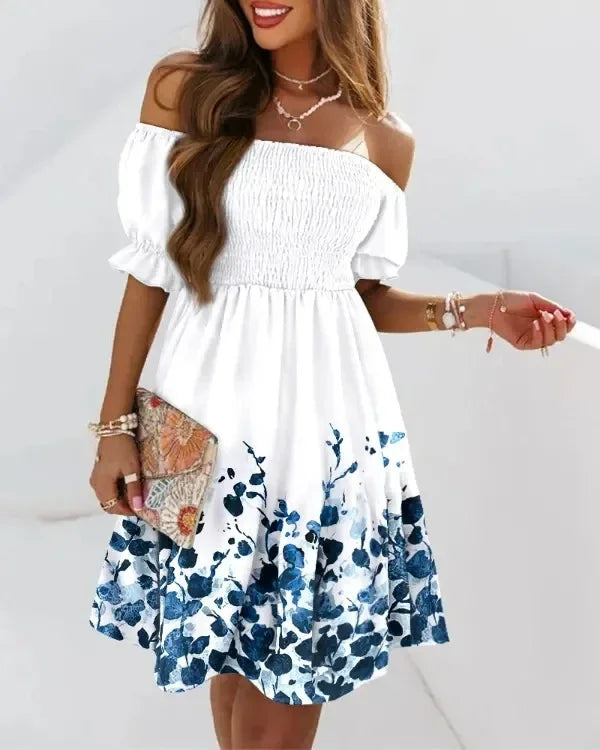 Women's Summer Short Sleeved Loose Bohemian Print Off Shoulder Pleated Mini Dress Party Dress Fashion