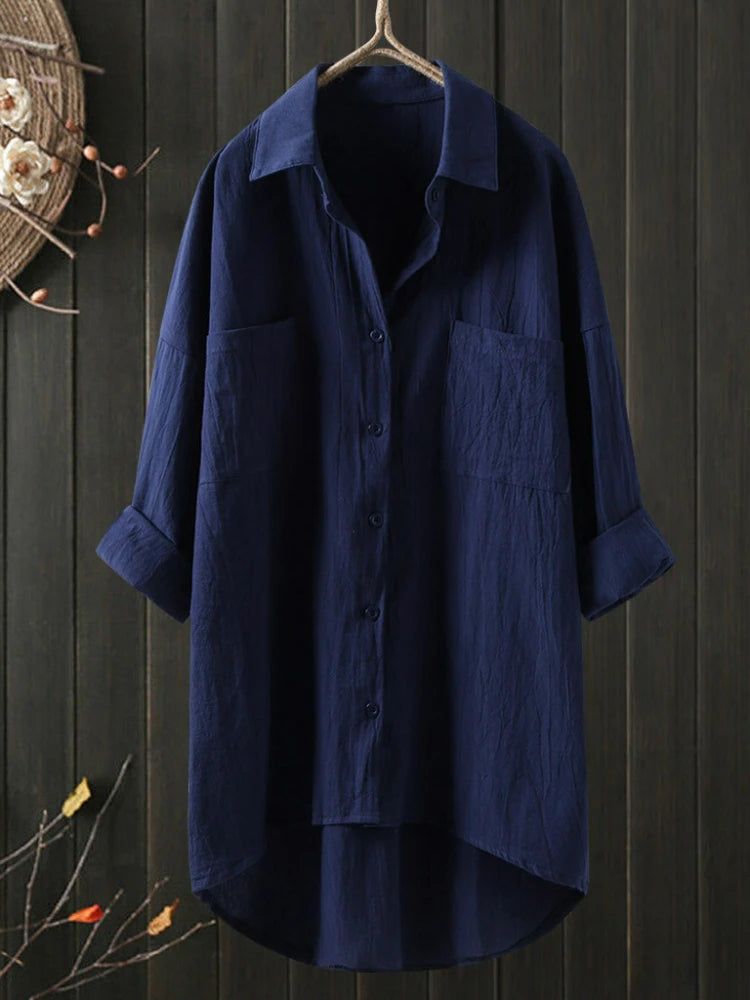 Elegant and Youth Woman Blouses Casual Home Cotton Linen Large Size Single Breasted Commuting Style Long Sleeved Shirt
