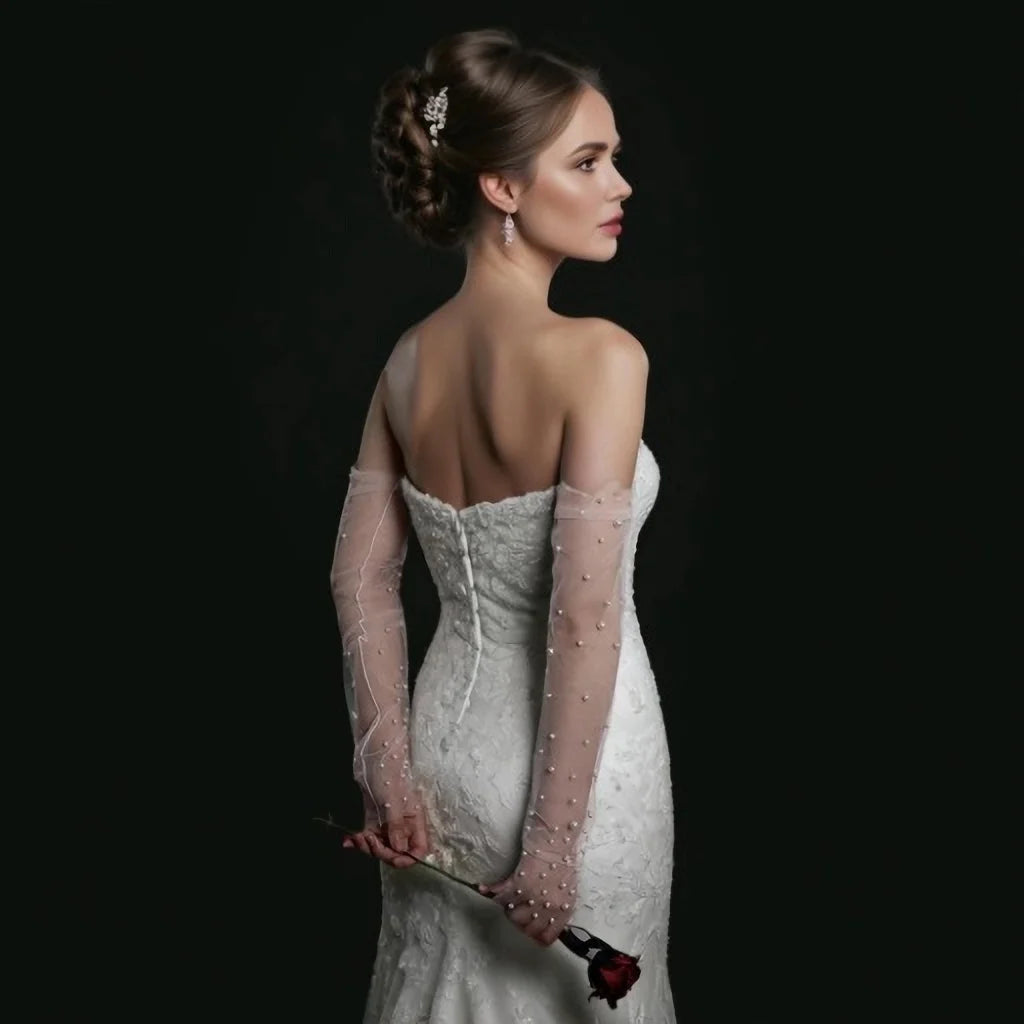 1 Pair Bridal Fingerless Pearl Gloves Wedding Sleeves Removable Shrugs for Women Summer Elegant  Bolero Shoulder Cape VPM10