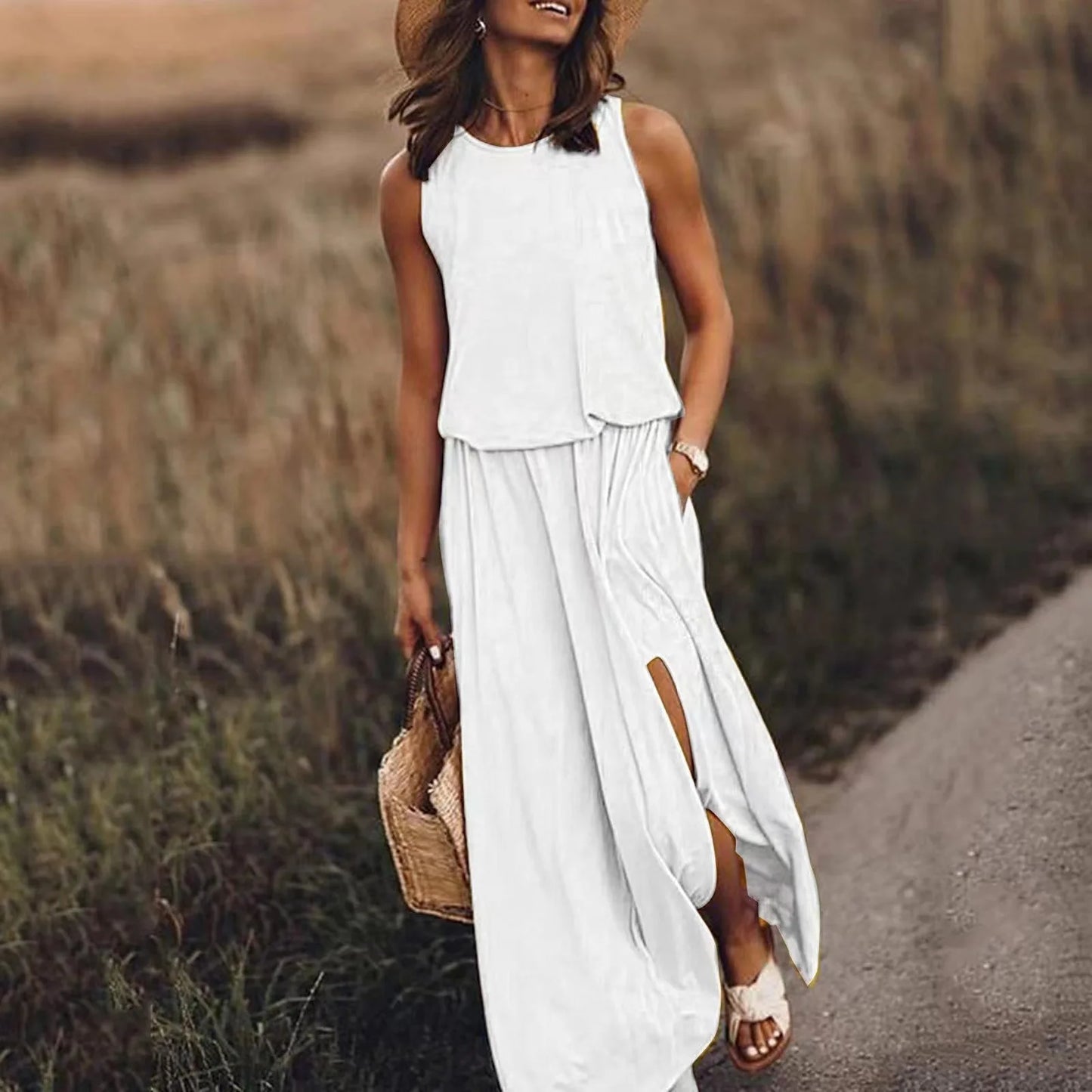 Women's Summer Sleeveless Maxi Dresses 2026 New Arrival Solid Color Casual Long Dress with Side Slit Dress for Ladies ﻿