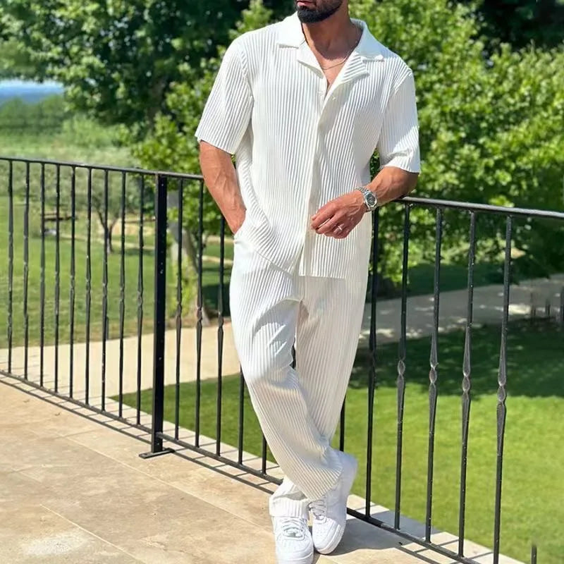 New Men's Commuter Set, Casual Button-Up Short Sleeve Shirt & Long Pants, Trendy Two-Piece Outfit for Men