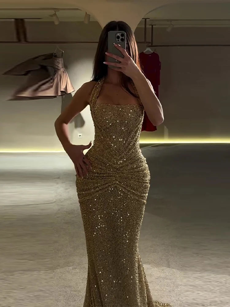 Sexy Sequin Halter Long Dress Women Slim Sleeveless Square Collar Solid Evening Robe Female 2026 Spring Summer Dresses
