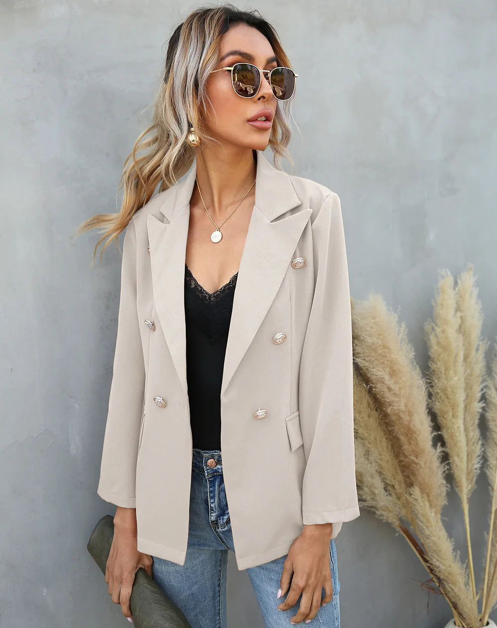Double Breasted Outerwear Office Lady Long Sleeve Solid Jackets Spring Autumn New