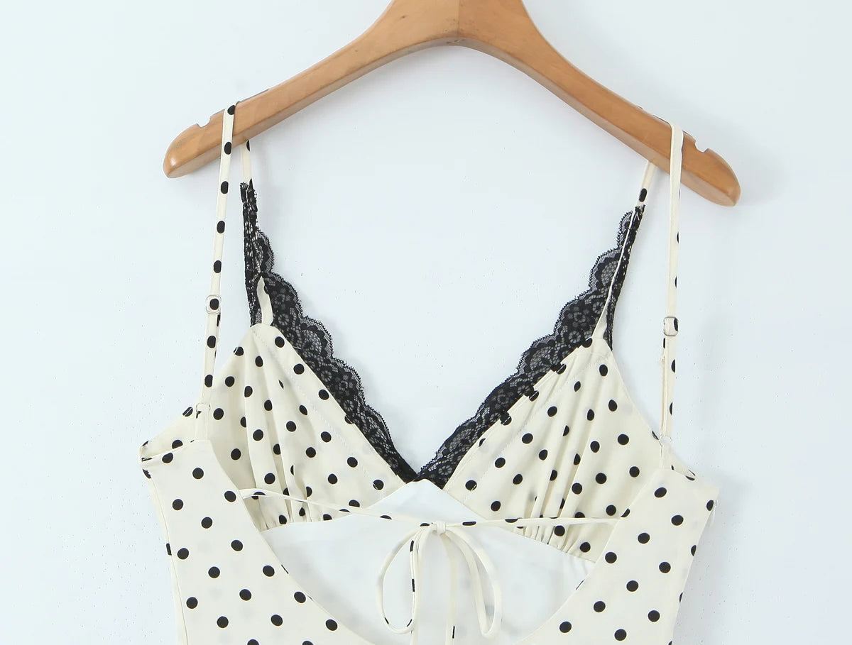 Sexy Milky Black Polka Dot Print Spliced Lace Ruched V Neck Sling Dress Women No Back Backless A-line Long Vestidos Robe Holiday