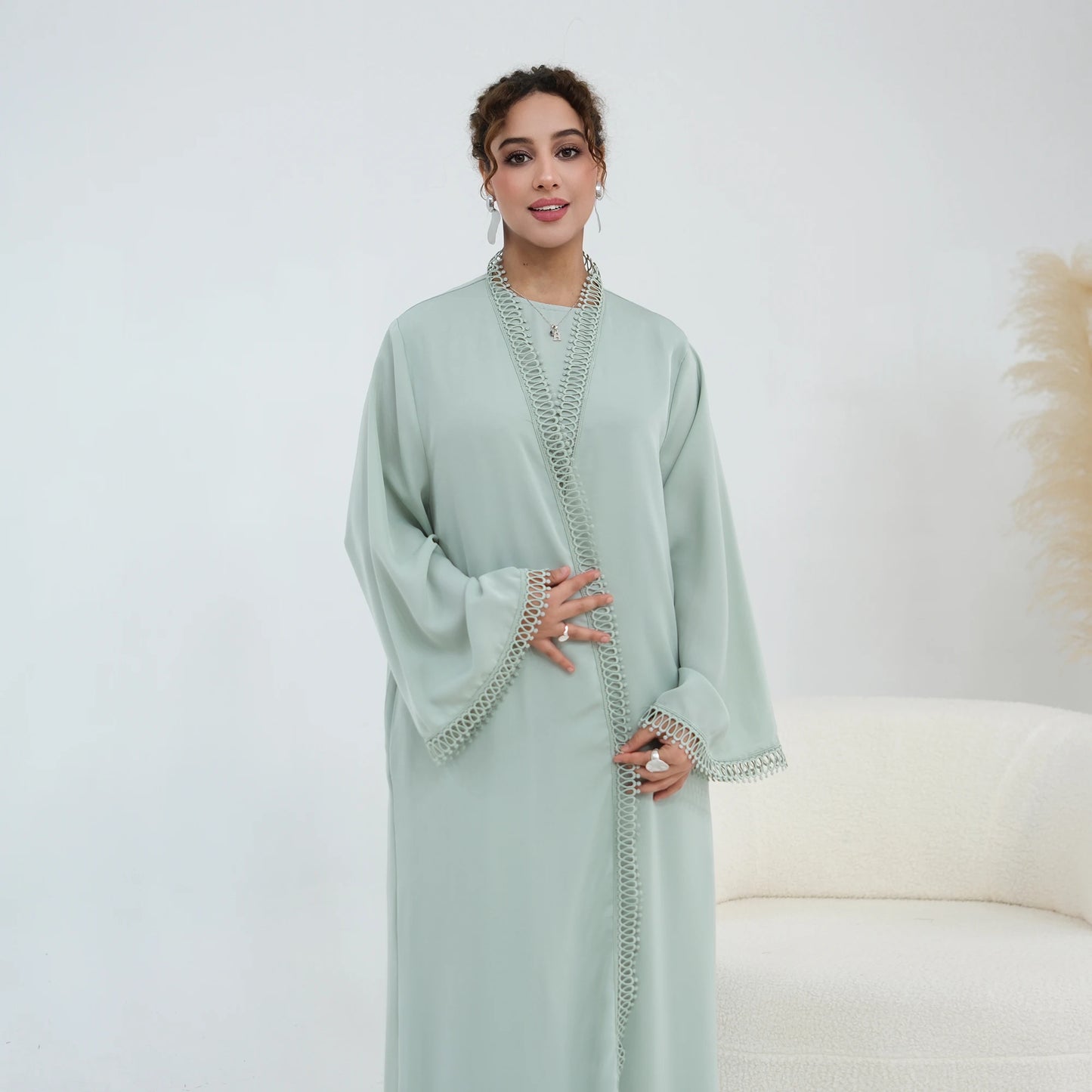 Women Abaya Set for Eid Party Events Resort Wear-Loop Lace Trim Kimono Robe&Sleeveless Dress