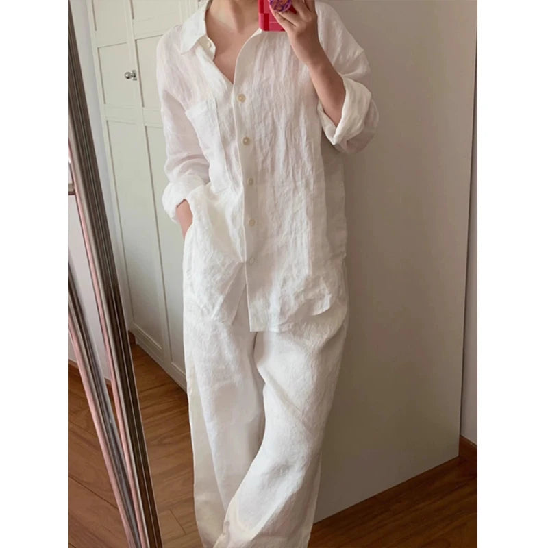 Fashionable Pure Color Cotton Linen Set Long Sleeve Single Button  Neck Shirt Elastic Waist Straight Leg Pants Two Piece Set