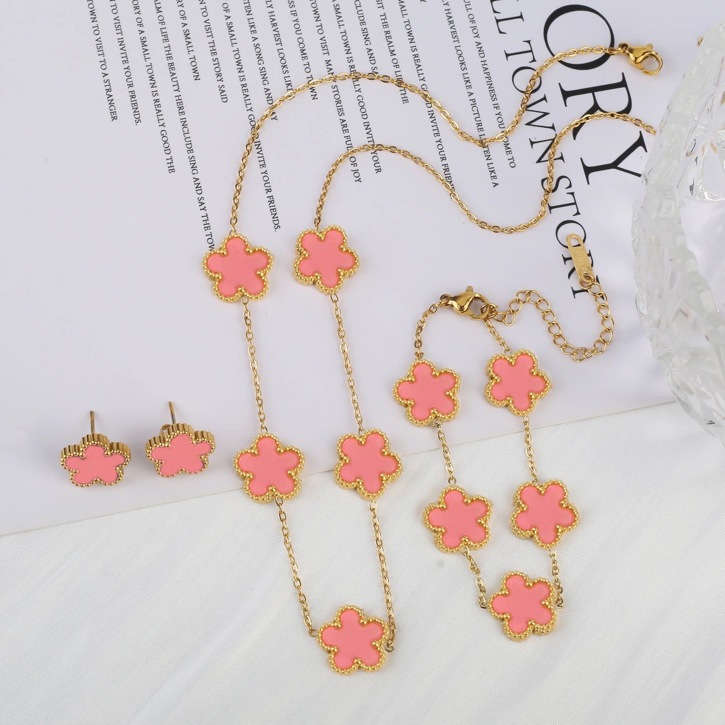 Bracelet Earrings 18K Gold Plated Jewelry Set For Women Girl Gift Clover