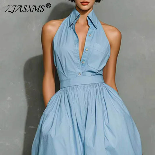 French Elegant Lapel Neck Button Maxi Dress Woman Spring Solid High Ruched Waist Long Dresses Summer Sleeveless Loose Boho Dress