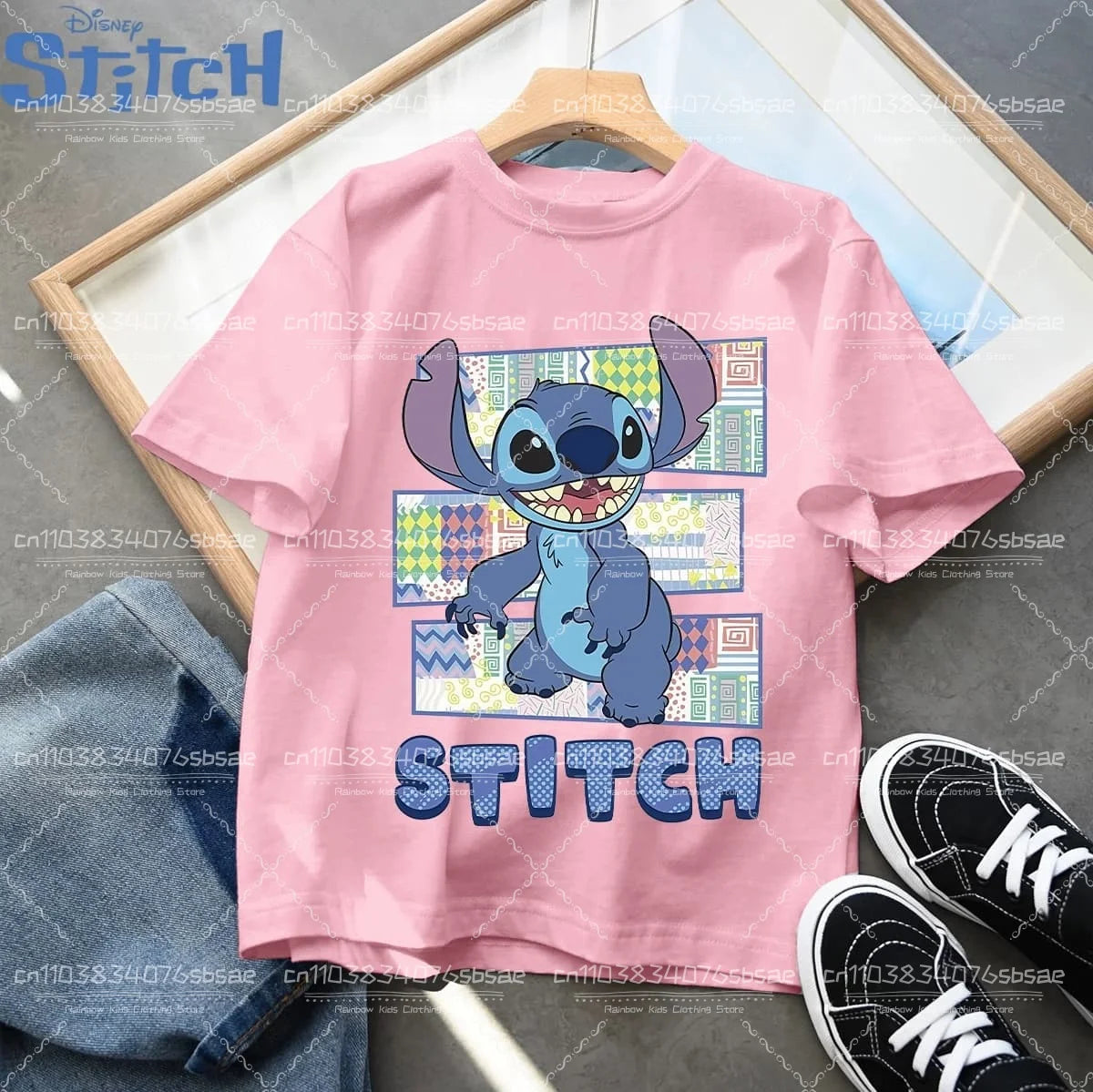 2026 Disney Children's Clothing, Stitch Cartoon Printed T-shirt, Round Neck Top for Boys and Girls, Soft Cotton Fabric Top