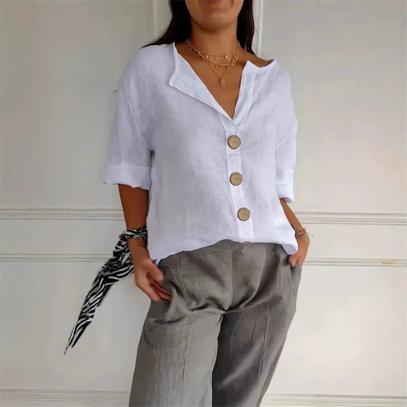 Loose Shirt Women's V-Neck Cotton Linen Button Top Casual Shirts Solid Fashion Elegant