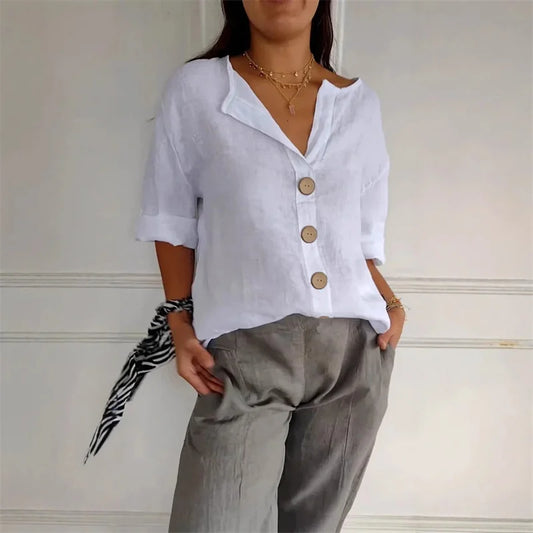 Loose Shirt Women's V-Neck Cotton Linen Button Top Casual Shirts Solid Fashion Elegant