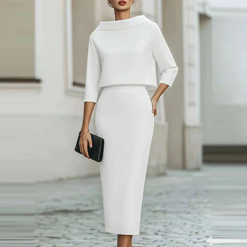 Fashion O-neck Long Sleeve Tops Skirts Matching Sets Elegant Solid Slim Half Skirts Sets Temperament Simple Wrap Hips Skirts Set