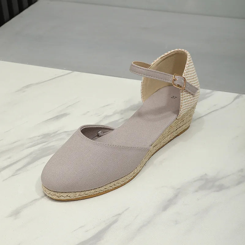 Baotou Sandals for Women's 2026 Summer Grass Woven Hemp Rope Slope Heel Shoes Women Round Toe Thick Sole Buckle Womens Sandals