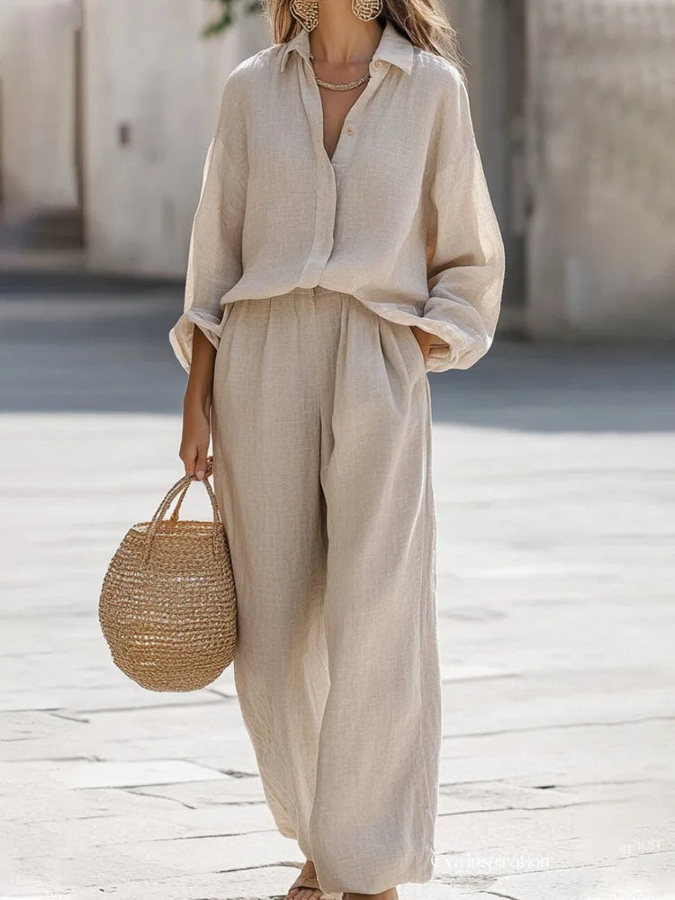 Simple Cotton Linen Women's Suits Summer Fashion Long Sleeve Loose Blouse Wide Leg Pants Two Piece Set For Women Casual Outfits