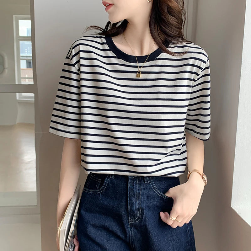 REALEFT Summer Classic Striped Women's T-shirts 2026 New Short Sleeve O-neck Korean Casual Loose Shirts Knitwear Tops Female