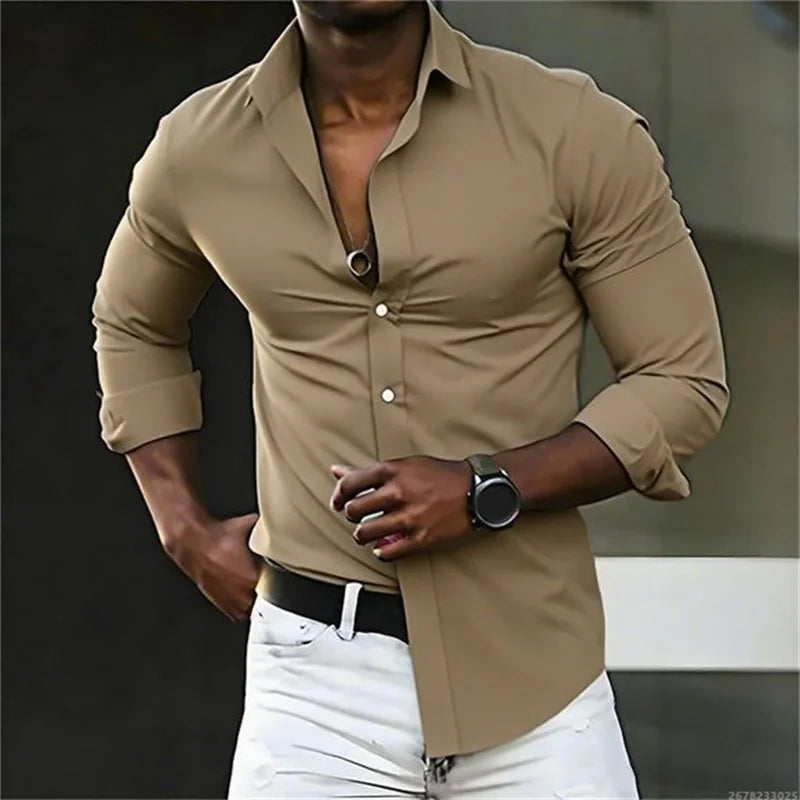 New men's shirt solid color long sleeve casual fashion black and white multi-color optional all seasons business men's shirt
2026