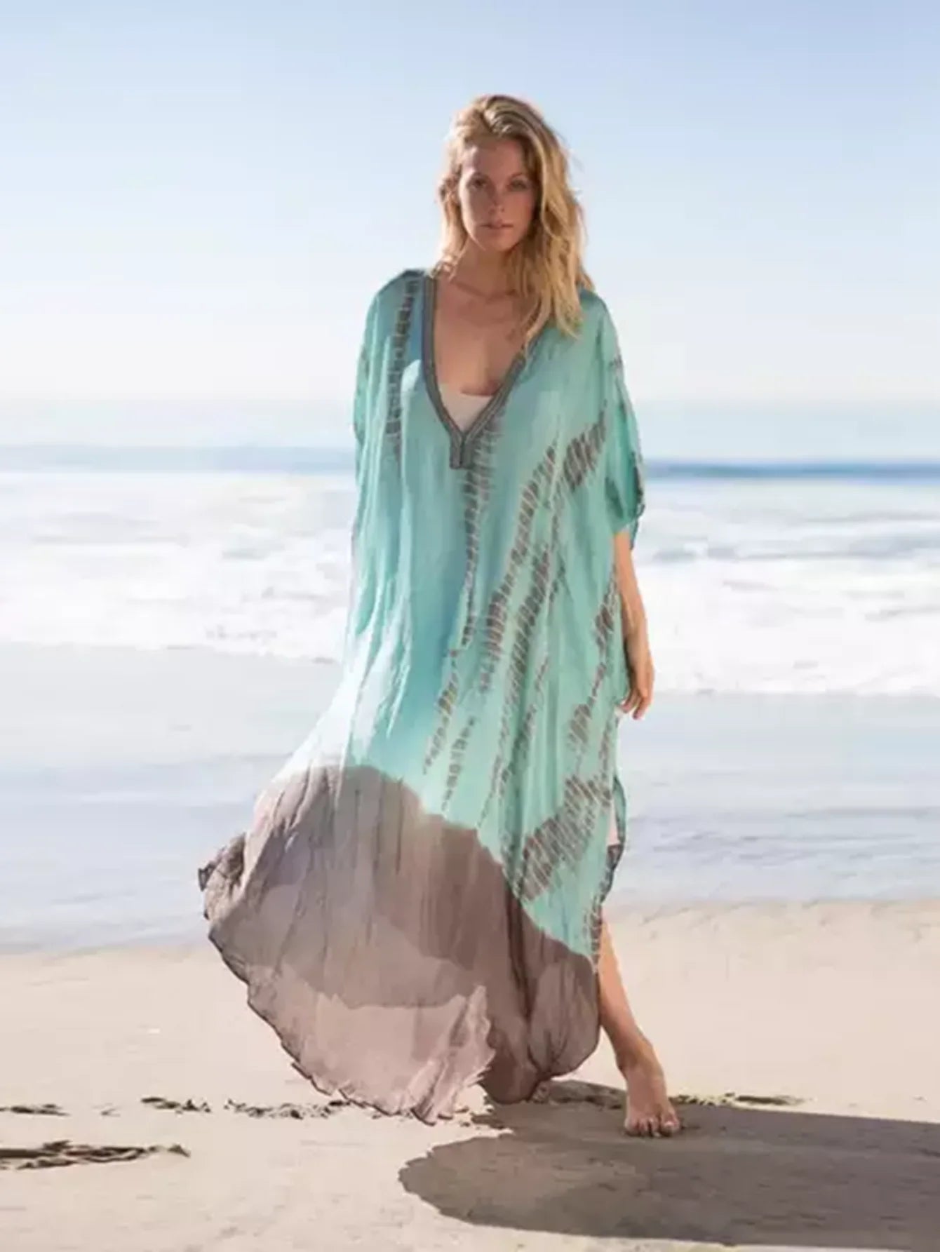 MAKABO Kaftan Dresses for Women, V Neck Moo Moos Colorful Print Cover Ups Caftan Beach Dresses for Swimwear