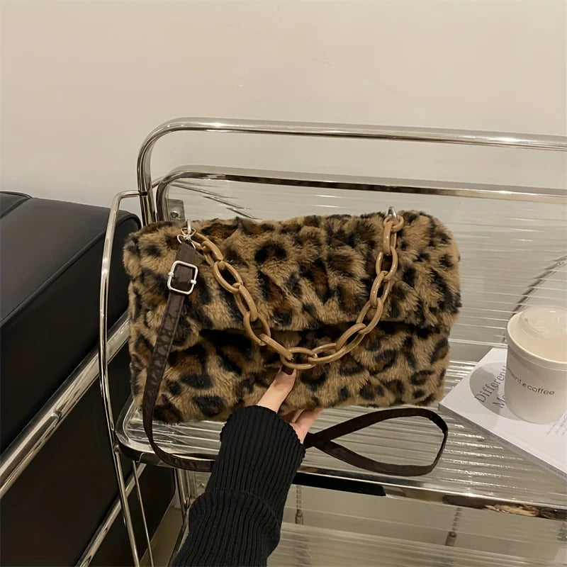Korean-style ladies' handbag, autumn and winter plush crossbody bag, fashionable leopard print handbag, birthday gift