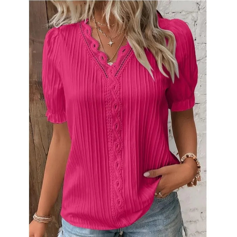 Top Solid Sexy V-Neck Hollow Short Sleeve Shirt Fashion Splice