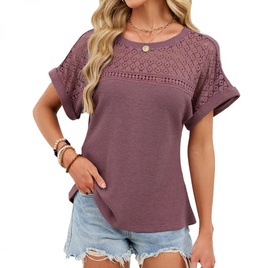 2026 Summer Elegant Lace Hollow Out Waffle Knit T Shirt Crew Neck Short Sleeve Summer Smart Casual Tops Office Lady