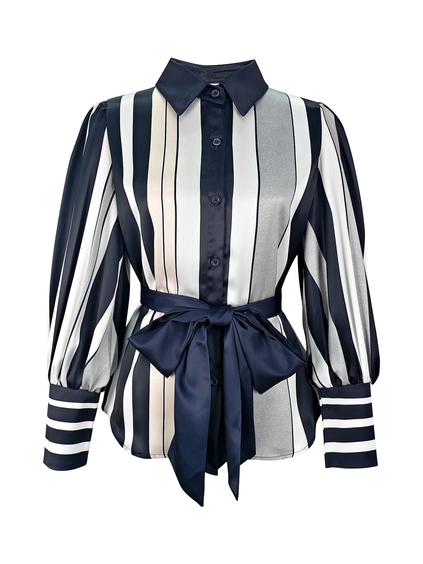 UOOZEE Women's Contrast Color Striped Shirt Long Puff Sleeves Belted Elegant Office Blouse 2026 Fashion Tops Formal Workwear
