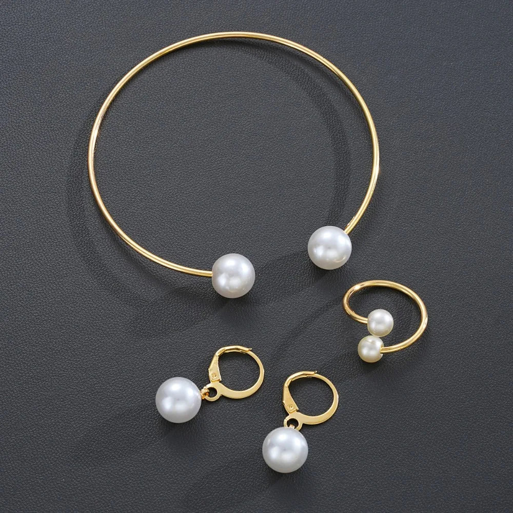 3pcs Set Fashion Minimalism Pearl Pendant Earrings Ring Opening Bangle for Women Commuting Versatile Jewelry Sets Accessory Gift
