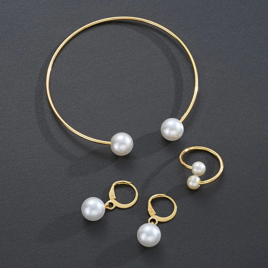 3pcs Set Fashion Minimalism Pearl Pendant Earrings Ring Opening Bangle for Women Commuting Versatile Jewelry Sets Accessory Gift