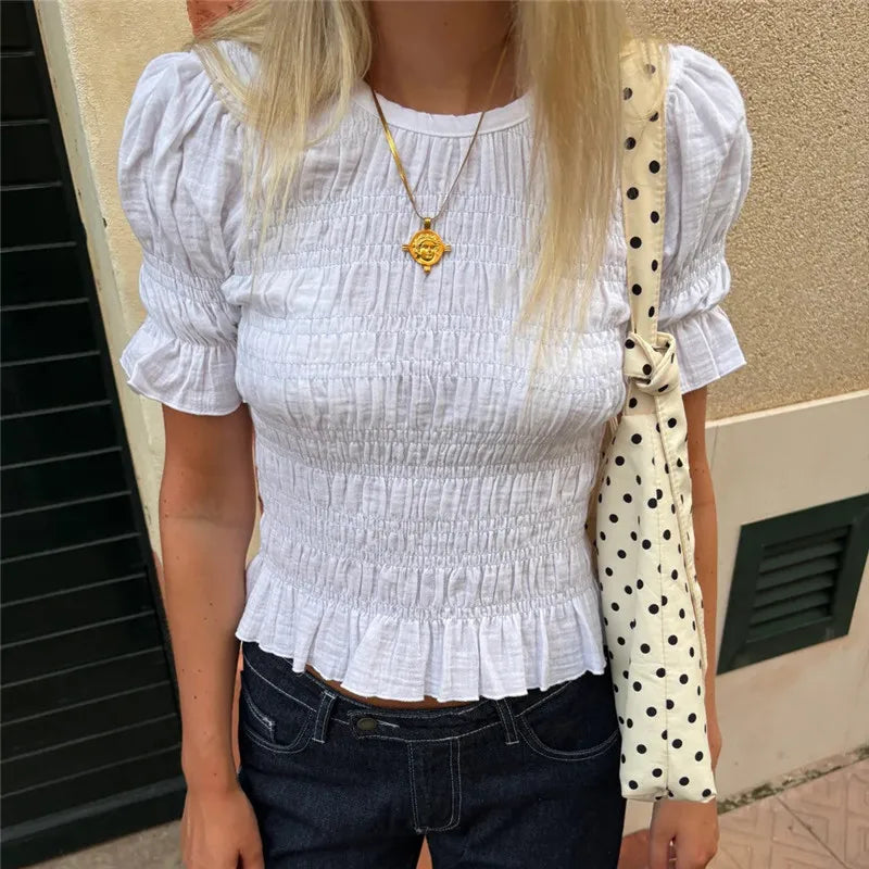 hirigin Women's Ruched Ruffle Hem Smocked Crop Tops Puff Short Sleeve Slim Fit Casual Summer Going Out Shirred Blouses