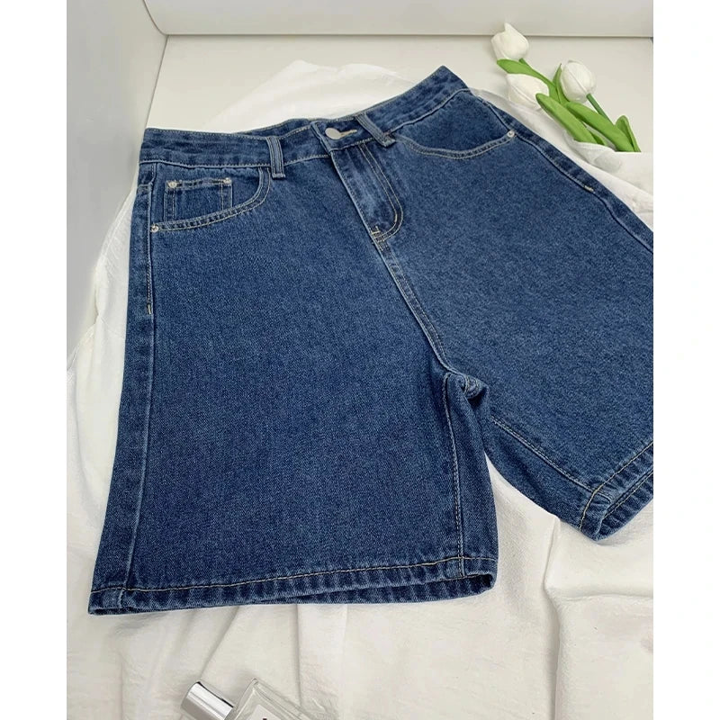 American Retro Blue Wide Leg Denim Shorts Women's Spring Summer New High Waist Slimming Loose Fit Thermal Pants Y2K