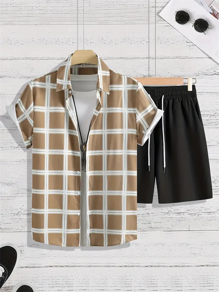 2024 Summer Men's Casual Commuter Suit Men's Striped Printed Shirt Short Sleeve Shorts 2-Piece Men's Hawaiian Beach Style Wear