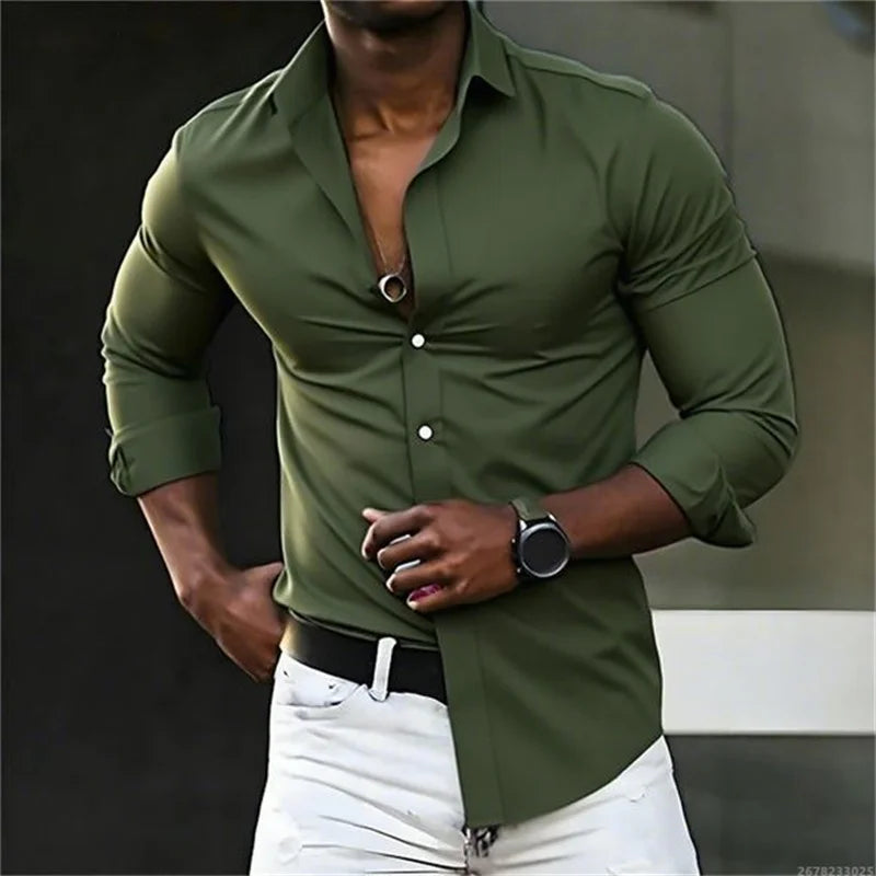 New men's shirt solid color long sleeve casual fashion black and white multi-color optional all seasons business men's shirt
2026
