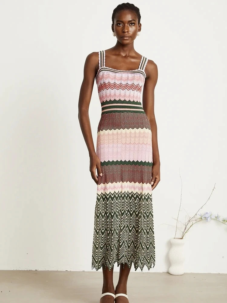 Luxury Brand Design Knitted Zigzag High Elasticity Color Sleeveless Long Maxi Dress Women Arab Africa Popular Boho Lady Skirt