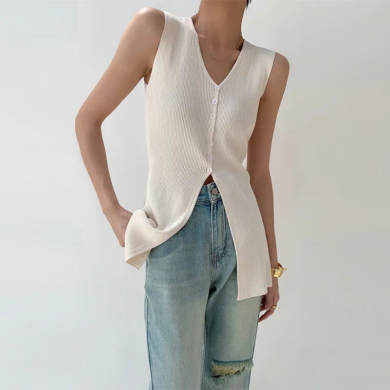 Elegant Women's Knitted Sleeveless V-Neck Cardigan Slimming Mid-Length Summer New Arrival White Pure Color Fashion Commute