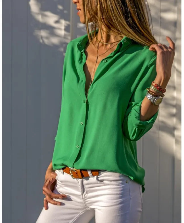 Autumn Shirt Women's Polo Collar Office Lady blouse Vintage Shirt Loose Button Up Down Shirts Fashion Tops