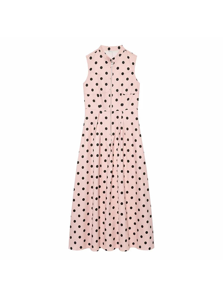 Women Elegant Polka Dot Zipper Decoration Dress Summer Women Sleeveless Pleated Dress Female Fashion Versatile Midi Dress