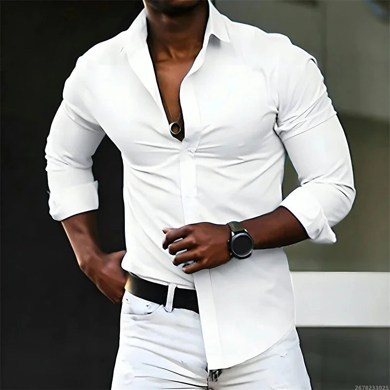 New men's shirt solid color long sleeve casual fashion black and white multi-color optional all seasons business men's shirt
2026