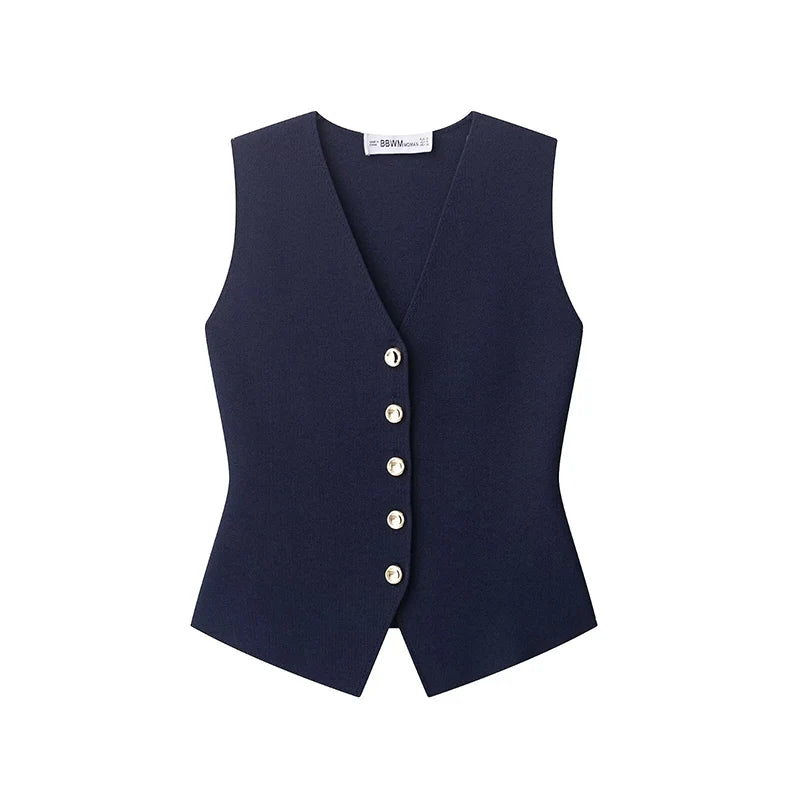 Willshela Women Fashion Solid Single Breasted Knitted Vest Tank Tops Vintage V-Neck Sleeveless Female Chic Lady Top