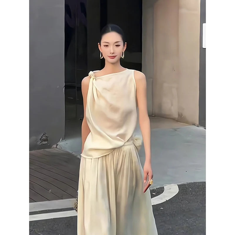 Summer 2025 Women's Knot Neckline Sleeveless Vest And Skirt Set Casual Stylish Half Body Fashion Ensemble Long Pants