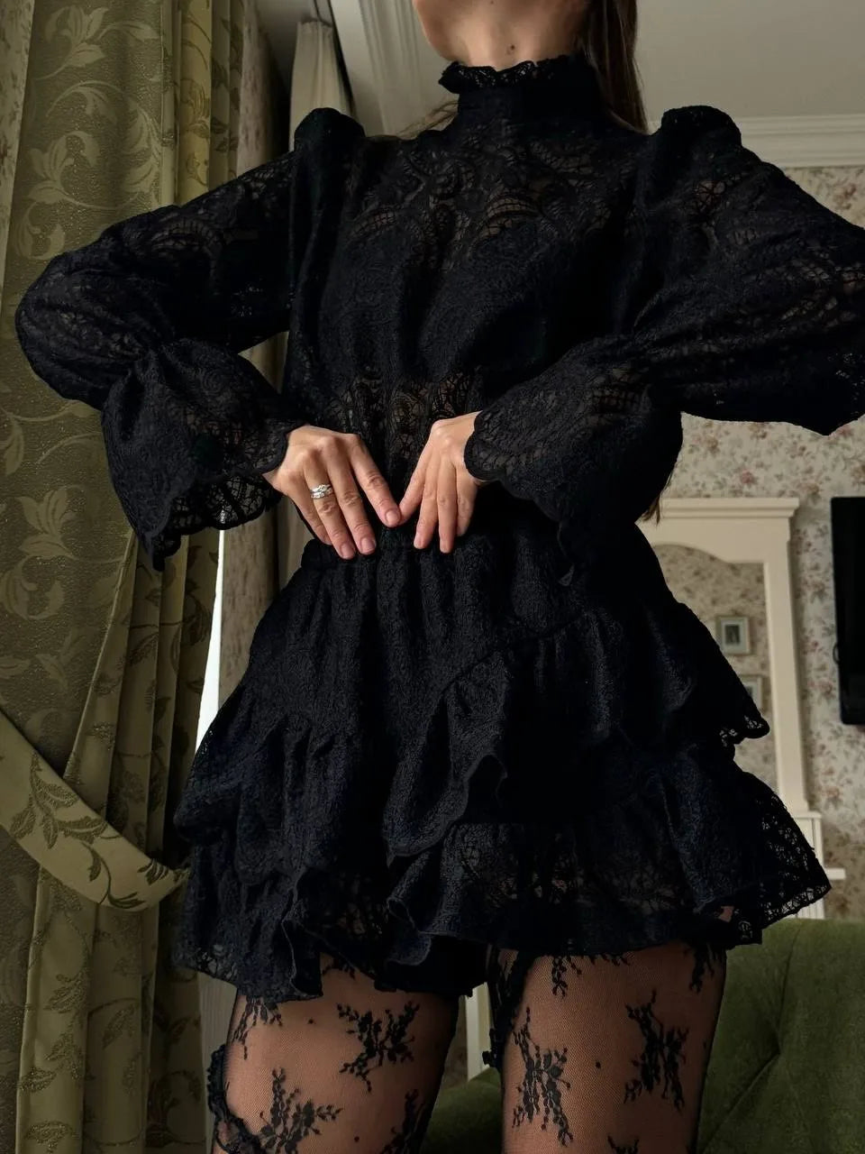 Typhaland 2026 New Lace Hollow Two Piece Skirt Suit Women's Turtleneck Lantern Sleeve T shirt Sexy Loose Shorts Skirt Casual Set