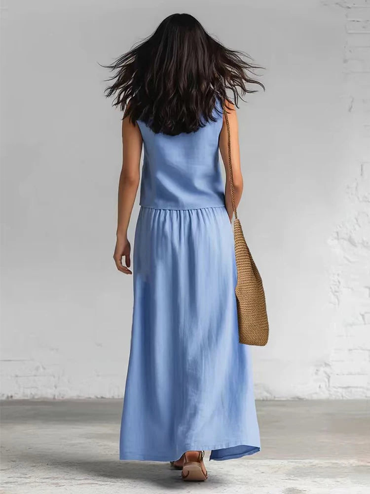 Women's Elegant Split Loose Long Skirt Suit Sexy V-neck Sleeveless Vest & Skirt Set Casual Cotton Linen Solid Two Piece Outfits