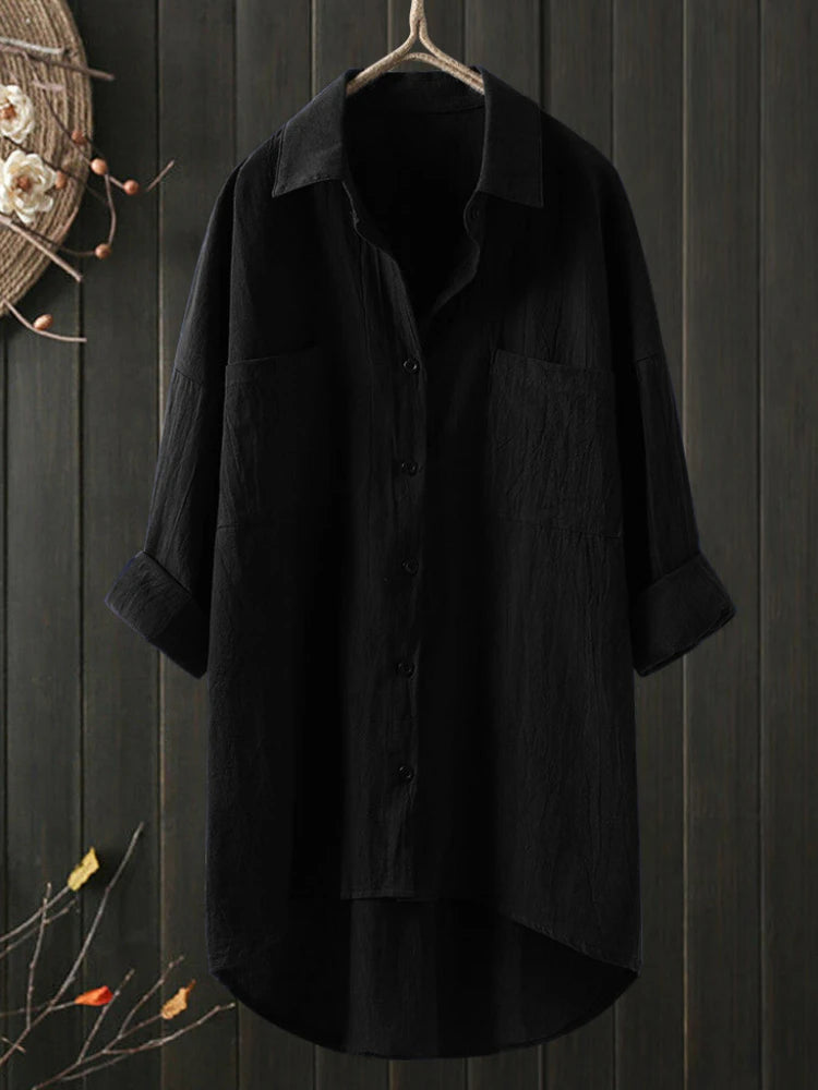 Elegant and Youth Woman Blouses Casual Home Cotton Linen Large Size Single Breasted Commuting Style Long Sleeved Shirt