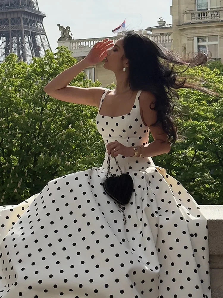 Casual Polka Dot Print Sleeveless Maxi Dress Women Fashion Square Neck High Waist A-line Long Robe 2025 Summer New Party Gowns N