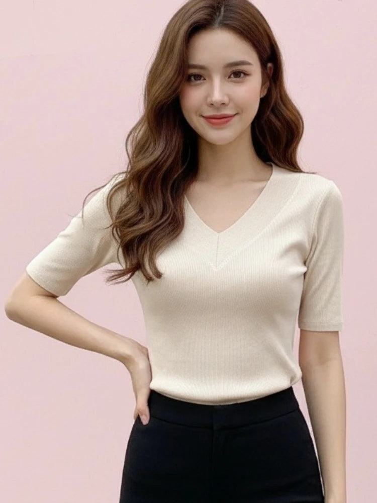 2026 Summer New V-neck Ribbed Knitted Slim Women's T-Shirt Basic Elasticity White Short Sleeve Tee Shirt Korean Style Casual Top