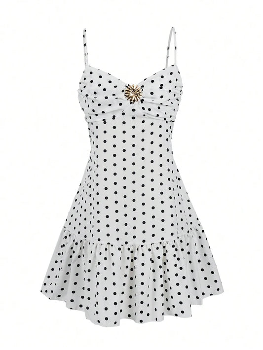 2026 Summer New Women's Polka Dot Mini Dress, Sexy Spaghetti Strap Ruffle Hem Cami Dress, Vacation Beach Party Dress