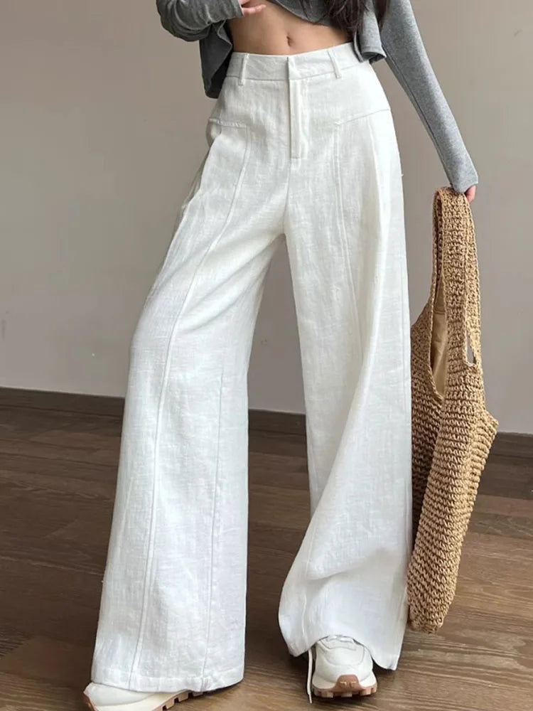White Wide Leg Cotton Linen Pants For Women Summer Ladies Pant Cotton Trousers Suit For Woman Elegant Straight Leg Office Pants