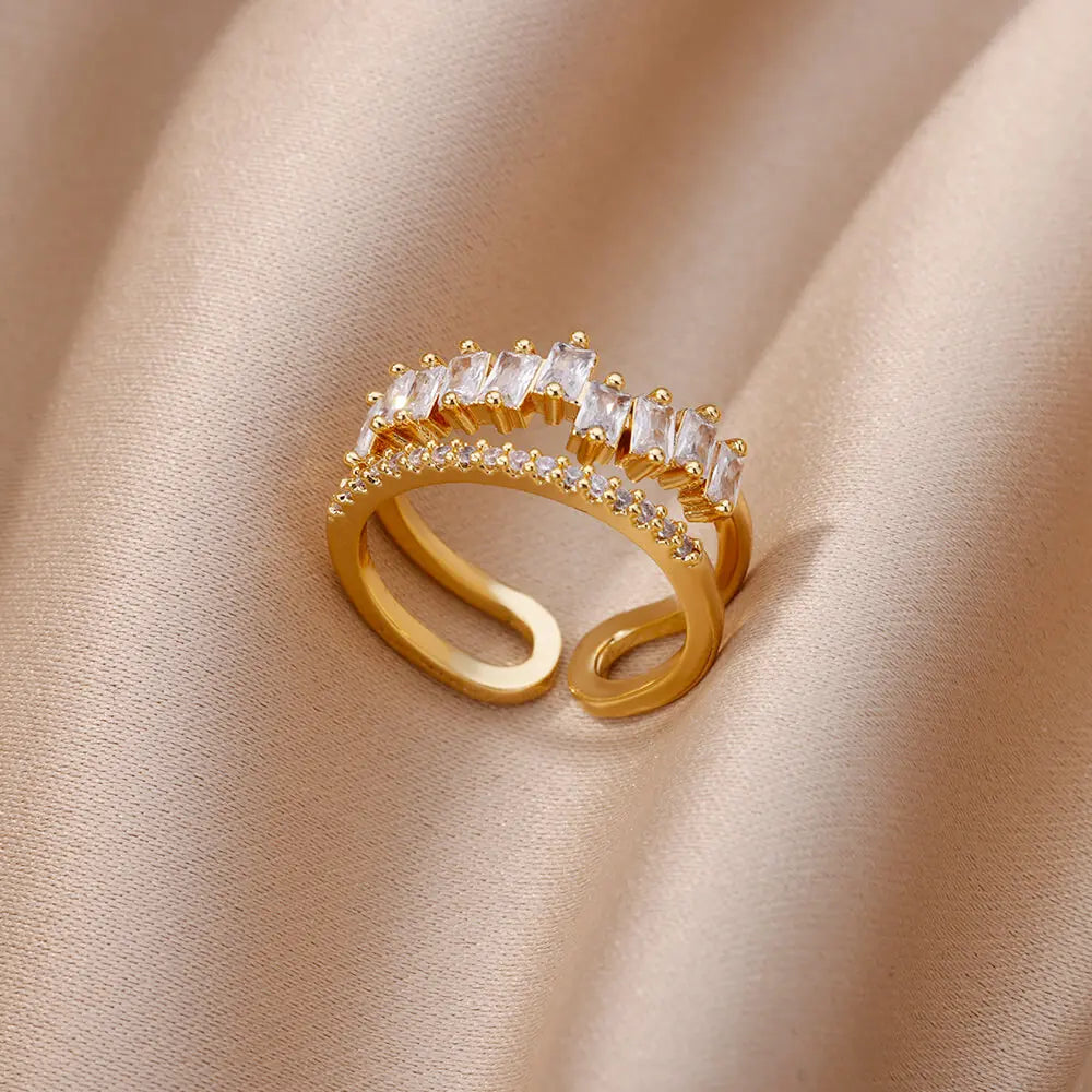 White Zircon Flower Leaf Shape Stainless Steel Rings For Women Adjustable Aesthetic Wedding Ring Light Luxury Female Jewelry BFF