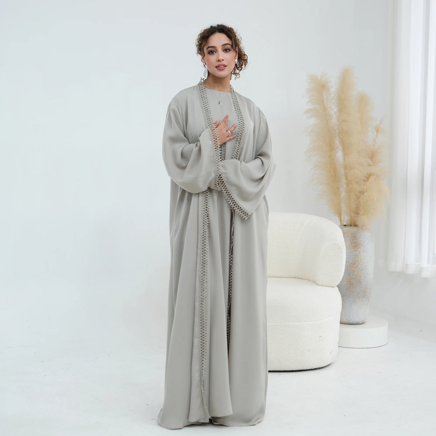 Women Abaya Set for Eid Party Events Resort Wear-Loop Lace Trim Kimono Robe&Sleeveless Dress