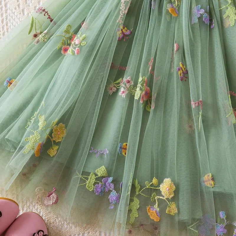 Summer New Sweet Girls' Little Sling Dress Children's Bow Floral Embroidery